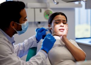 person scared of dental tool & having tooth pain